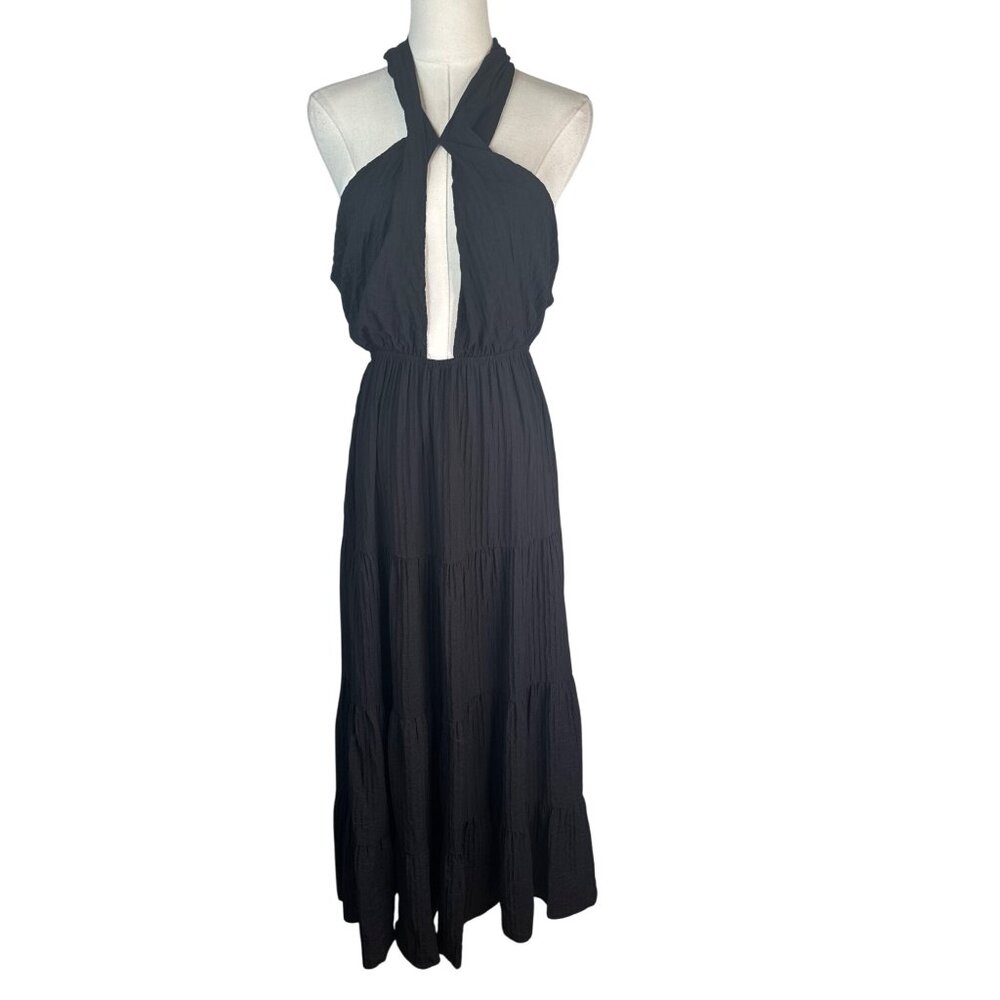 2/$30 Black Lush Size Large Halter Maxi Dress With Open Back & Tiered Skirt